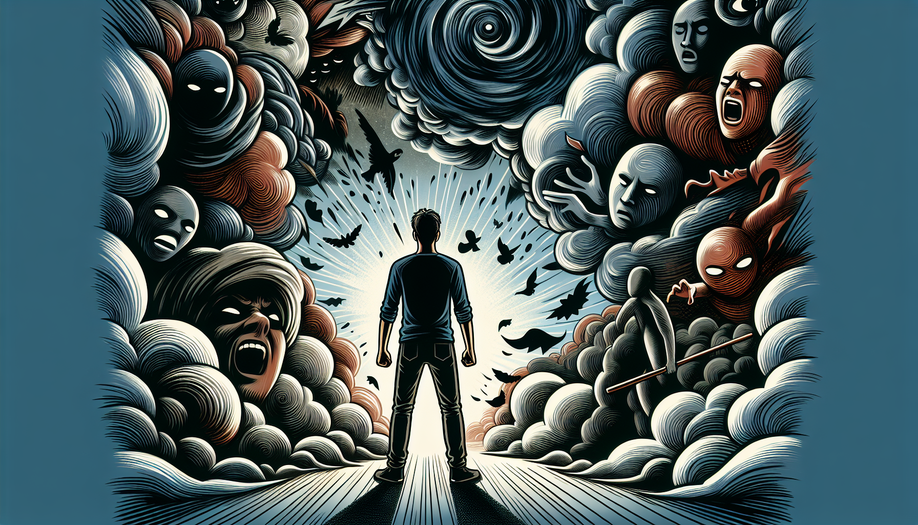 Illustration of a person purposely confronting anxiety-provoking thoughts