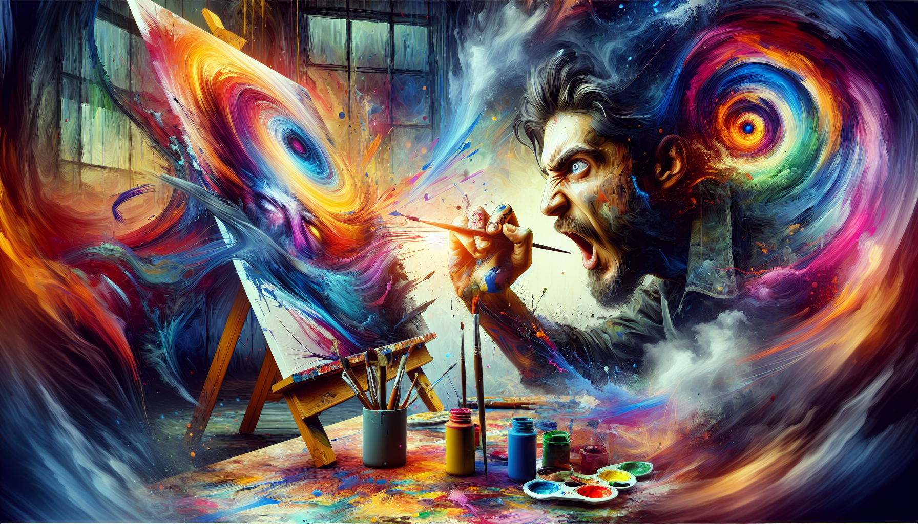 An artist painting a vibrant and expressive canvas
