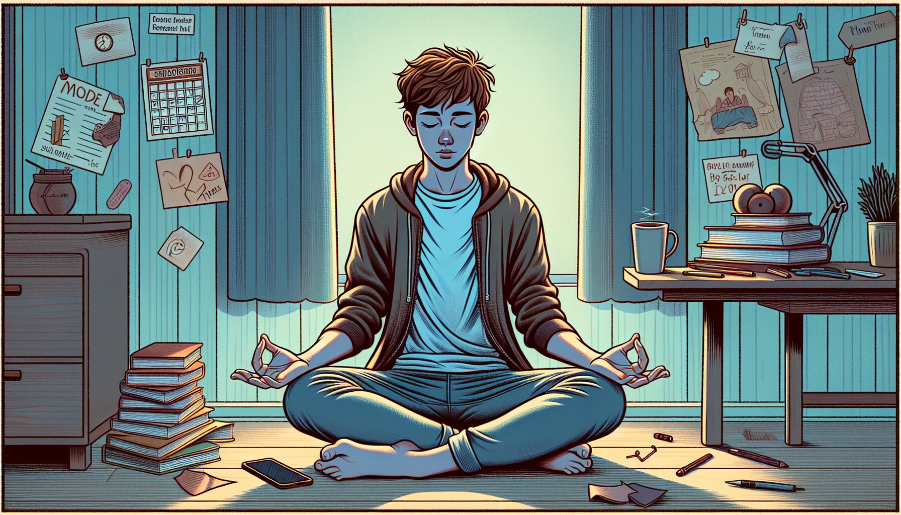 Illustration of a teenager practicing mindfulness to combat anxiety